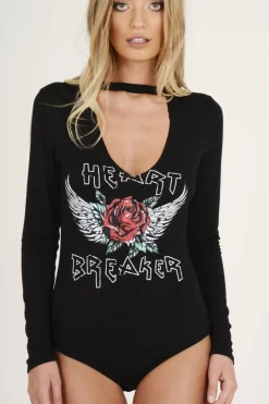 Rebellious Fashion Black Heart Breaker Slogan Bodysuit - Beverly