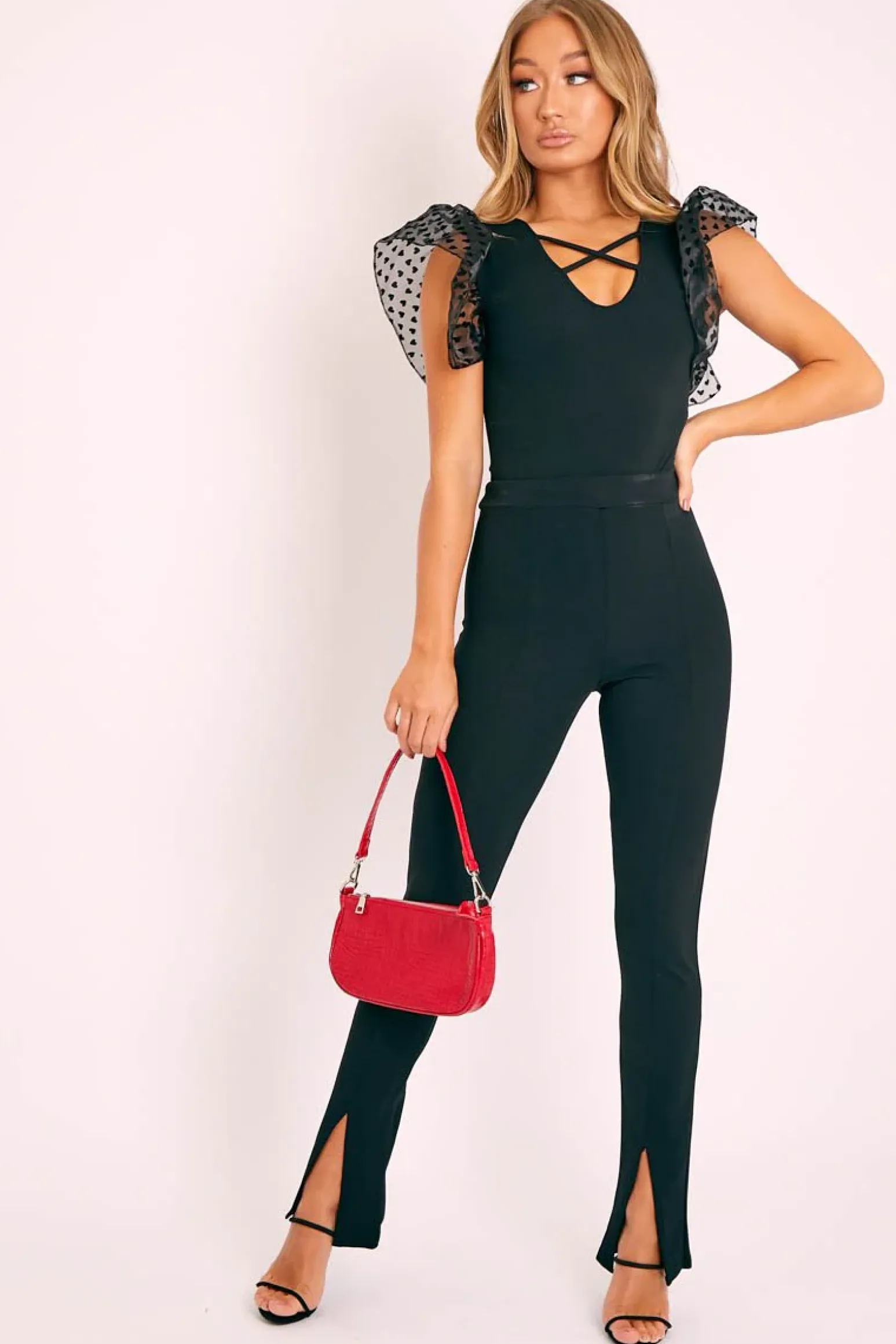 Rebellious Fashion Black Heart Mesh Frill Sleeve Bodysuit - Orianna