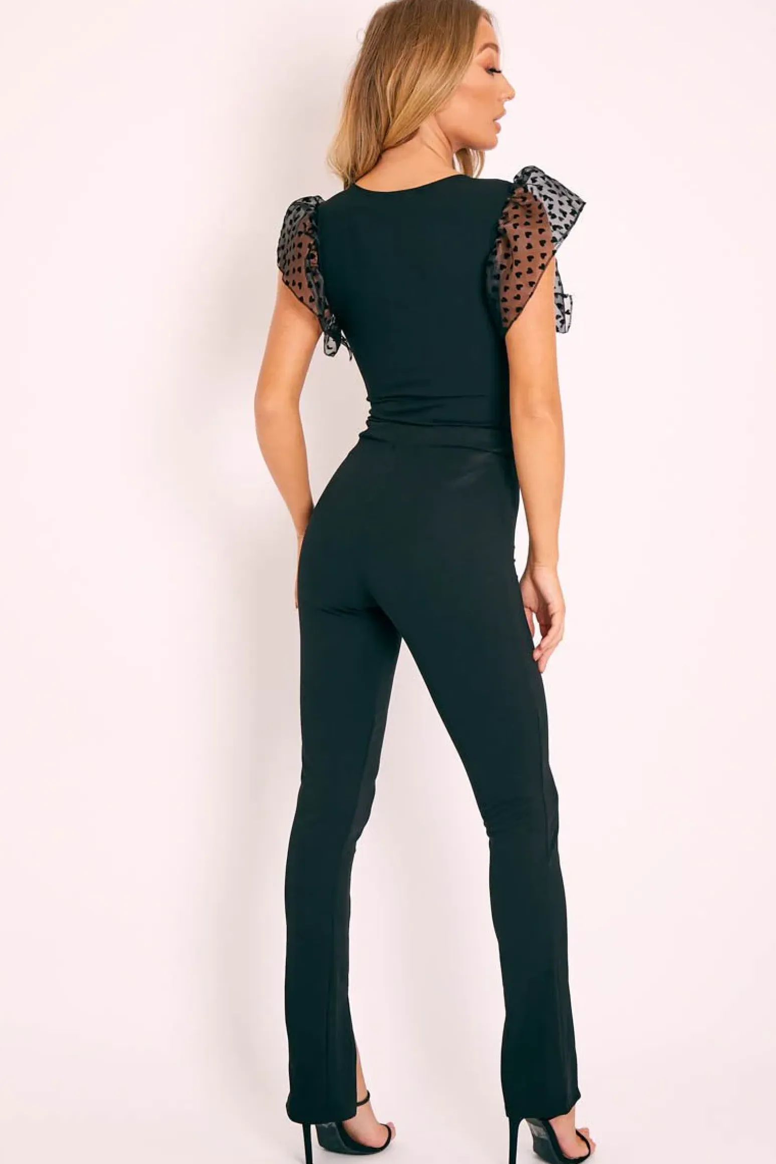 Rebellious Fashion Black Heart Mesh Frill Sleeve Bodysuit - Orianna