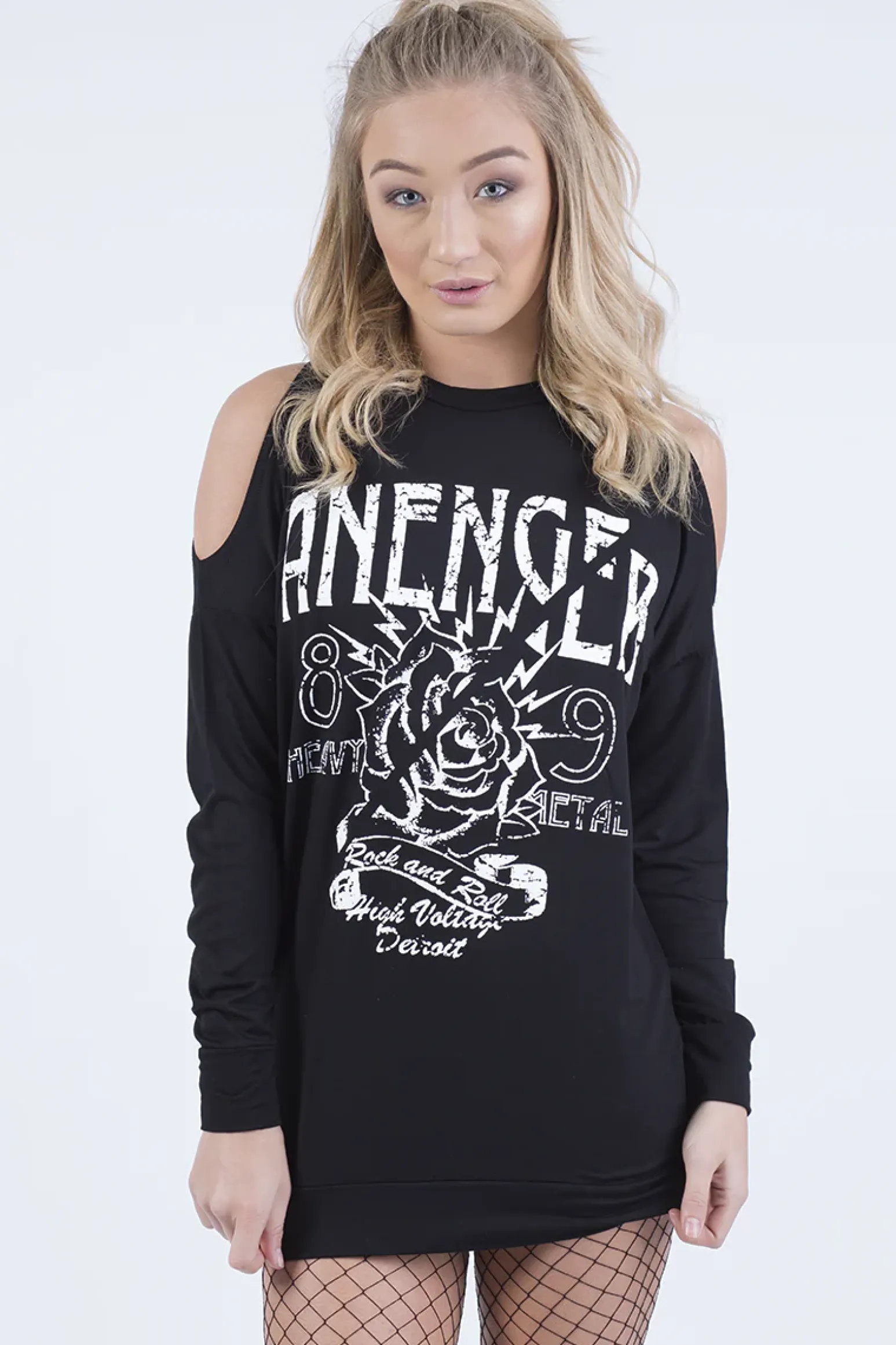 Rebellious Fashion Black Heavy Metal Cold Shoulder Jumper - Neve