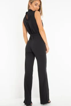 Rebellious Fashion Black High Neck Belted Wide Leg Jumpsuit - Phoebie