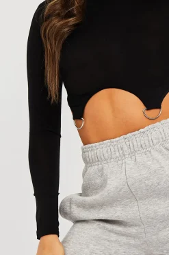 Rebellious Fashion Black High Neck Cropped Ring Detail Crop Top - Maebel