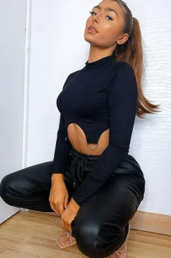 Rebellious Fashion Black High Neck Cropped Ring Detail Crop Top - Maebel