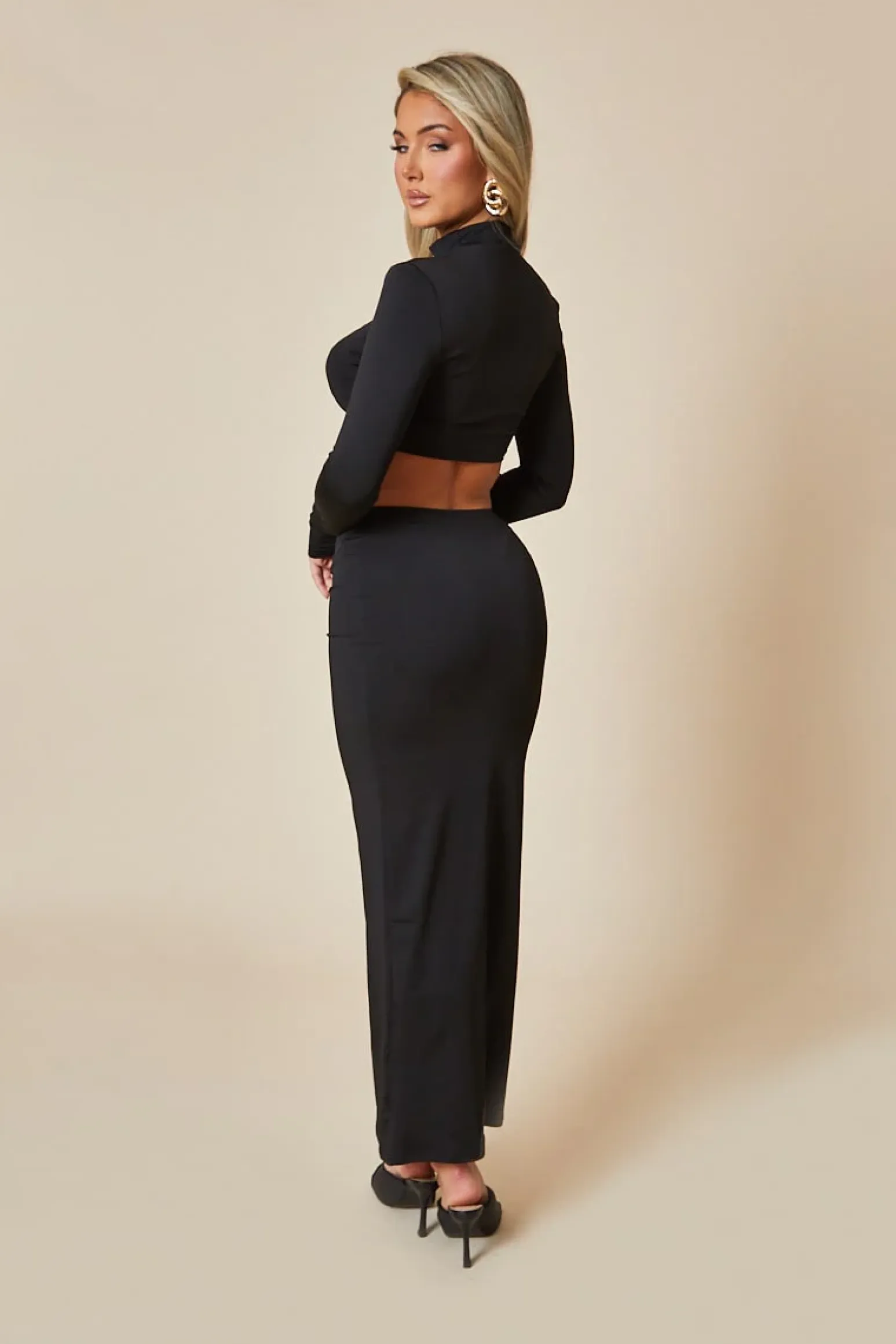 Rebellious Fashion Black High Neck Cropped Top & Ruched Front Maxi Skirt Set - Erena