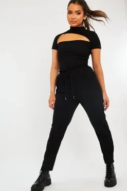 Rebellious Fashion Black High Neck Cut Out Crop Top - Reita