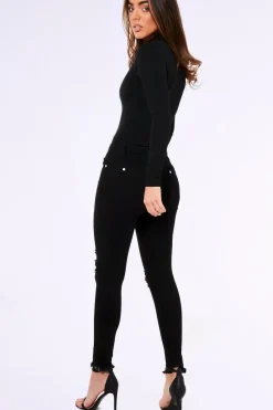 Rebellious Fashion Black High Neck Eyelet Detail Bodysuit - Maddison