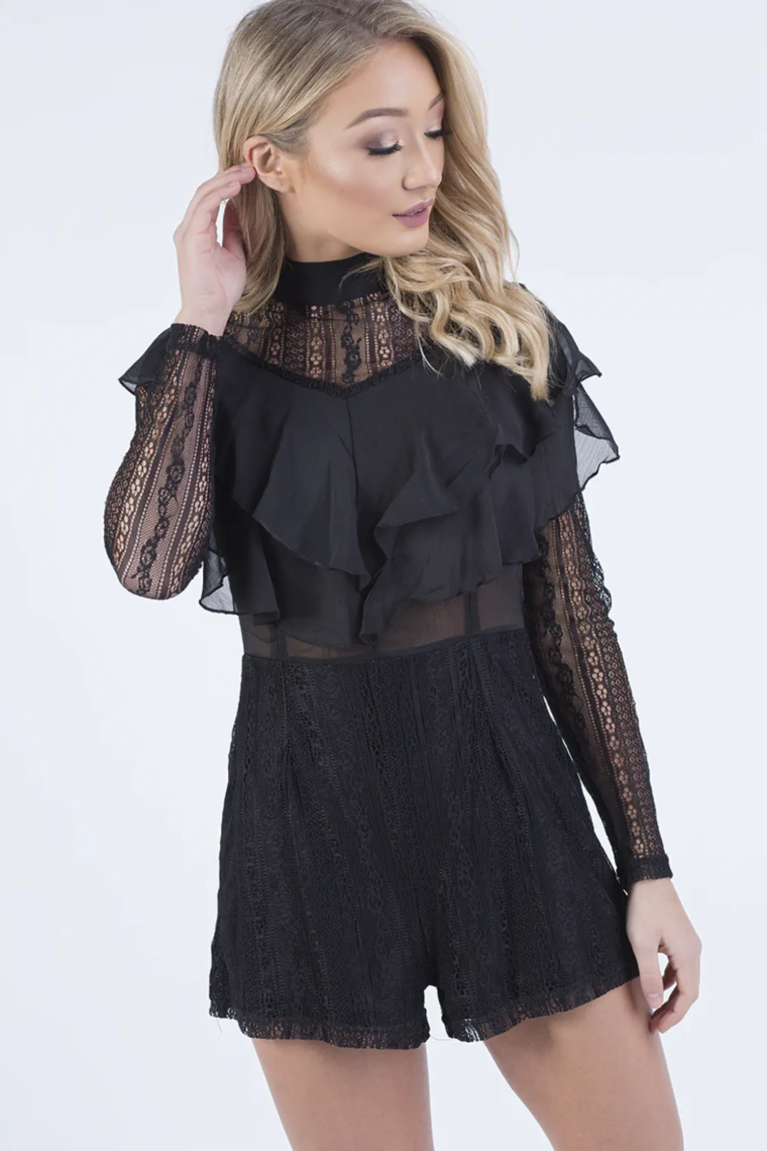 Rebellious Fashion Black High Neck Frill Lace Playsuit - Katie