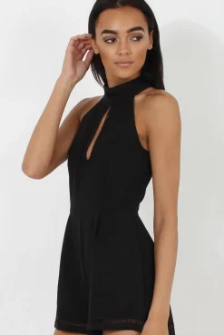 Rebellious Fashion Black High Neck Keyhole Playsuit - Nori