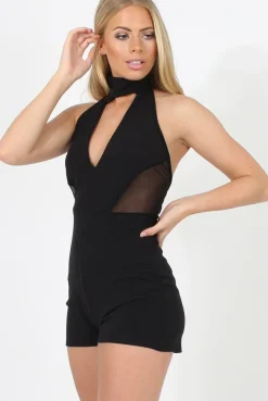Rebellious Fashion Black High Neck Mesh Detail Playsuit - Kacey