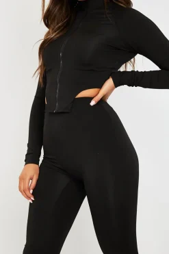 Rebellious Fashion Black High Neck Zip Crop Top Leggings Co-ord - Eily
