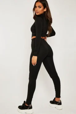 Rebellious Fashion Black High Neck Zip Crop Top Leggings Co-ord - Eily