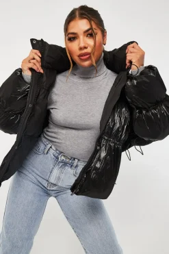 Rebellious Fashion Black High Neck Zip Up Puffer Coat - Siona