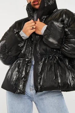 Rebellious Fashion Black High Neck Zip Up Puffer Coat - Siona