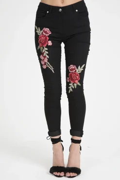 Rebellious Fashion Black High Rise Embroidered Skinny Jeans - Lorna
