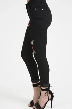 Rebellious Fashion Black High Rise Embroidered Skinny Jeans - Lorna