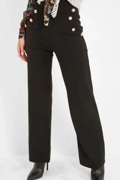 Rebellious Fashion Black High Waist Button Front Wide Leg Trousers - Chrisy