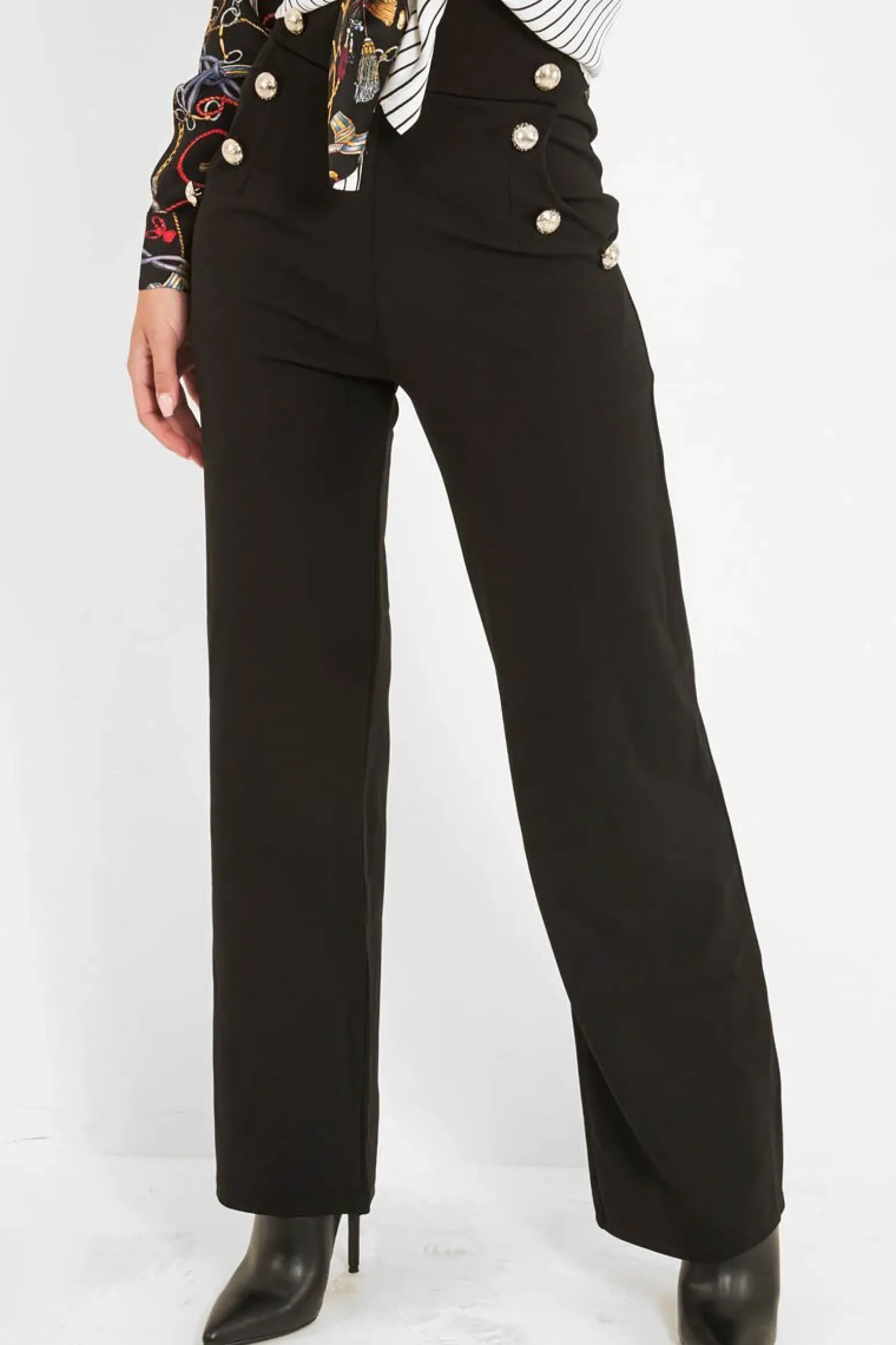 Rebellious Fashion Black High Waist Button Front Wide Leg Trousers - Chrisy