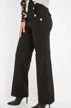 Rebellious Fashion Black High Waist Button Front Wide Leg Trousers - Chrisy