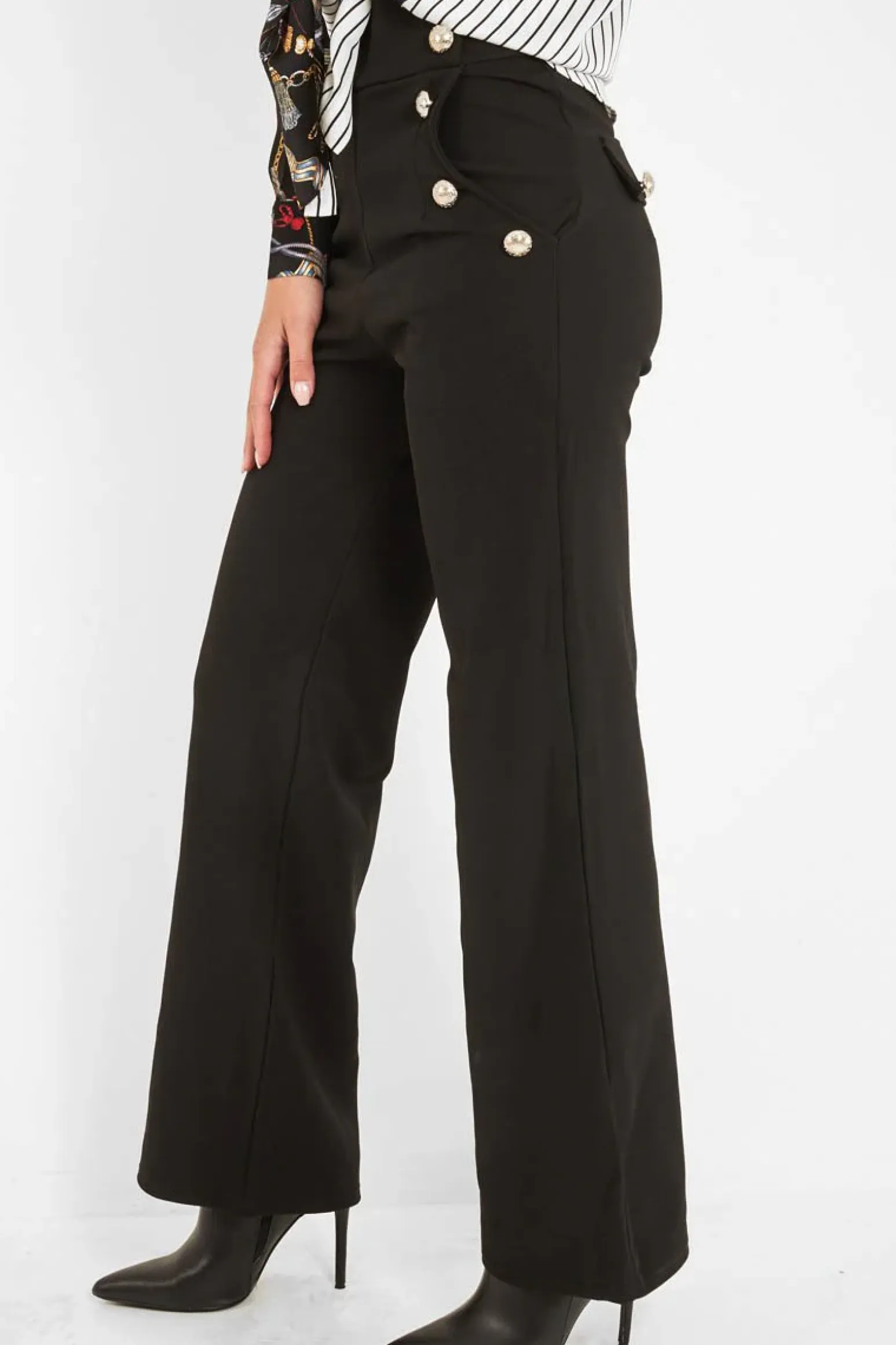 Rebellious Fashion Black High Waist Button Front Wide Leg Trousers - Chrisy