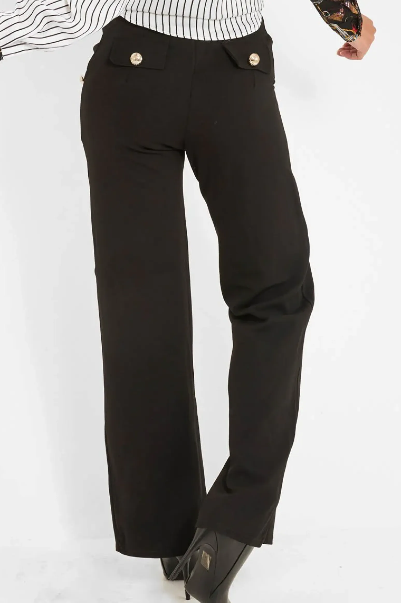 Rebellious Fashion Black High Waist Button Front Wide Leg Trousers - Chrisy