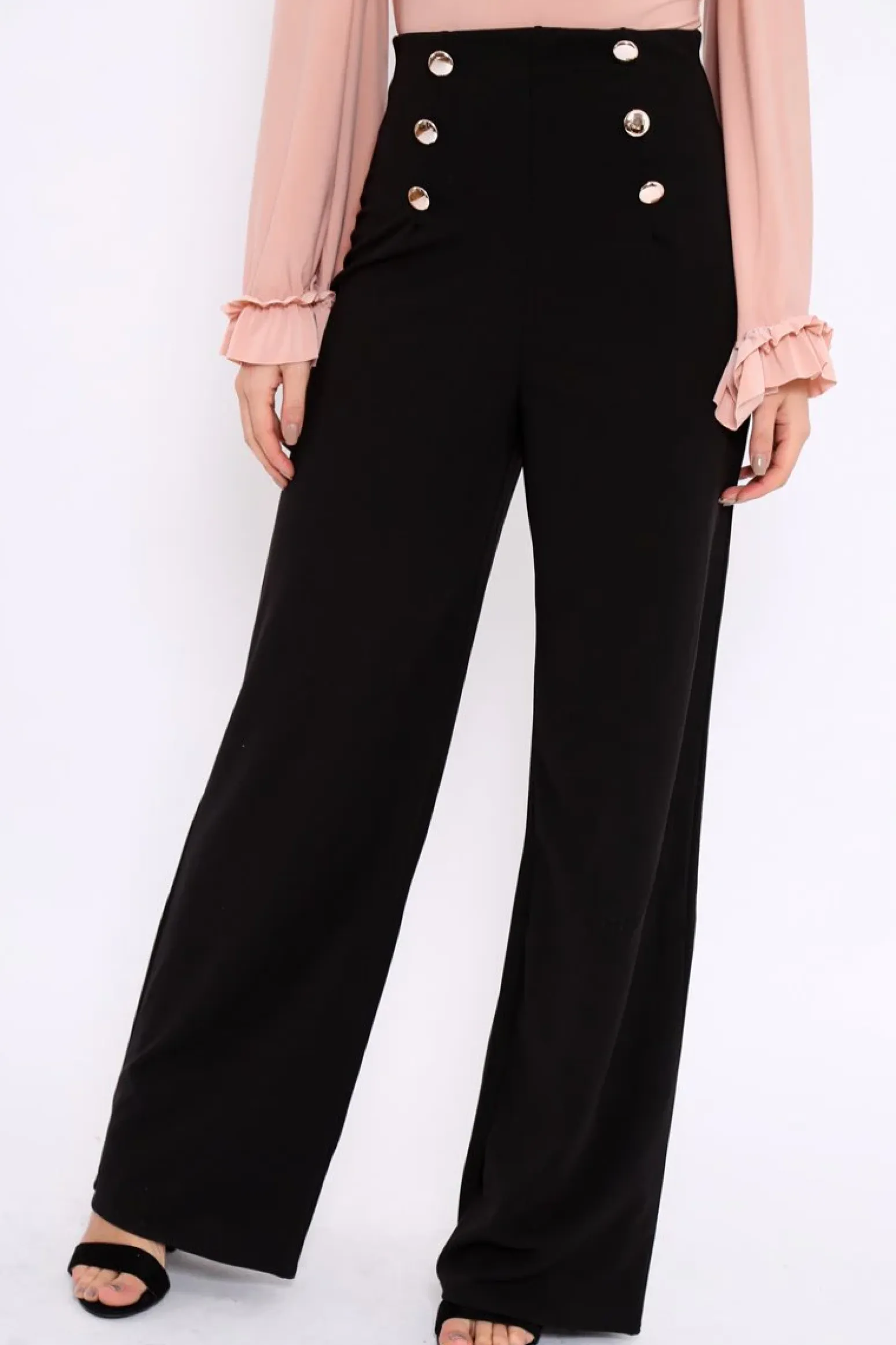 Rebellious Fashion Black High Waist Button Front Wide Leg Trousers - Juna