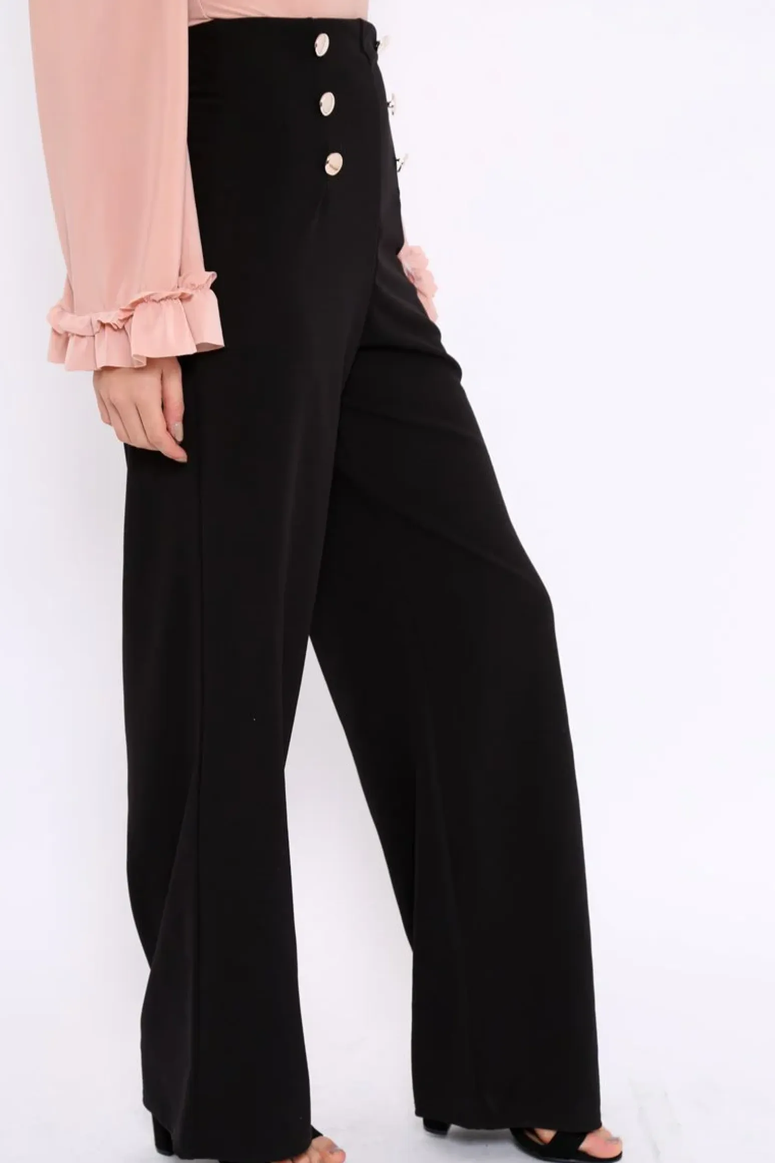 Rebellious Fashion Black High Waist Button Front Wide Leg Trousers - Juna