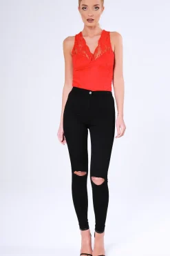 Rebellious Fashion Black High Waisted Ripped Knee Skinny Jeans - Amara