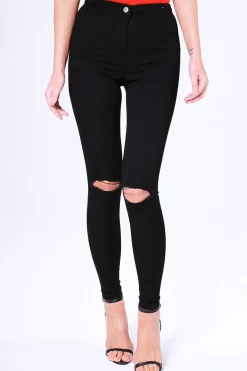 Rebellious Fashion Black High Waisted Ripped Knee Skinny Jeans - Amara