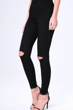 Rebellious Fashion Black High Waisted Ripped Knee Skinny Jeans - Amara
