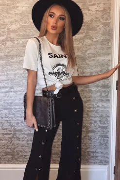 Rebellious Fashion Black High Waist Flare Trousers with Popper detail -Tamy