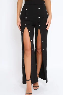 Rebellious Fashion Black High Waist Flare Trousers with Popper detail -Tamy