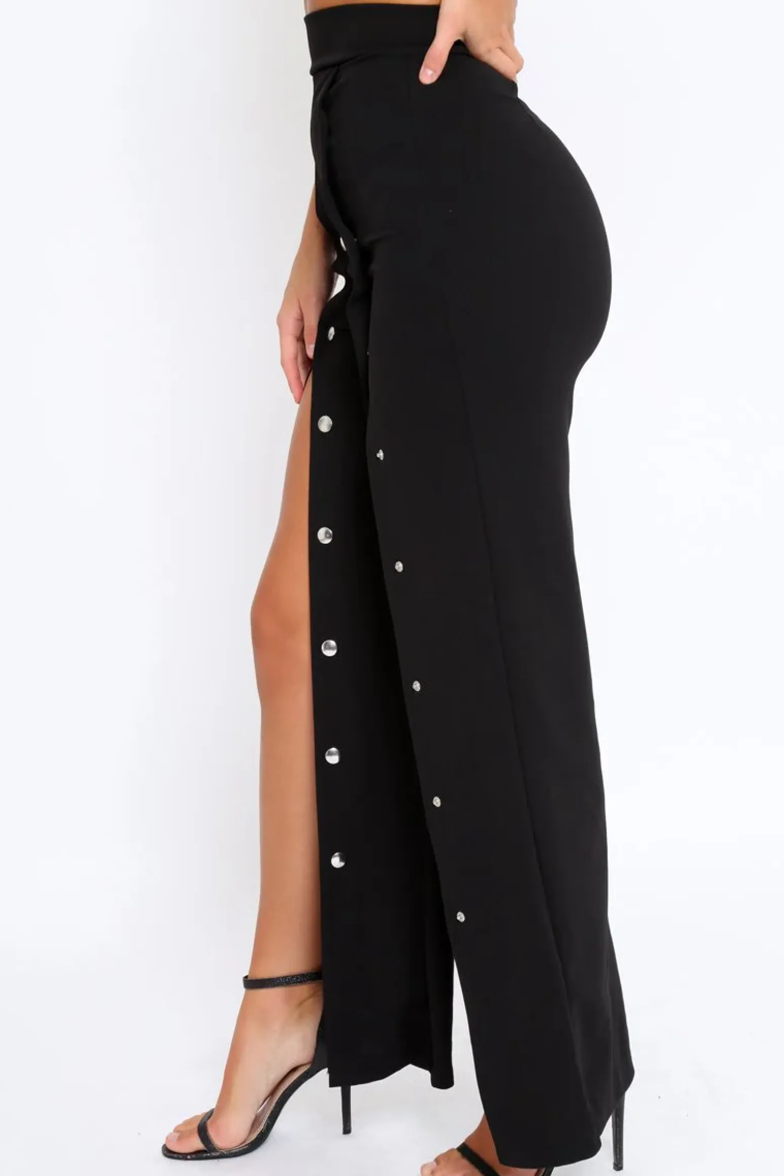 Rebellious Fashion Black High Waist Flare Trousers with Popper detail -Tamy