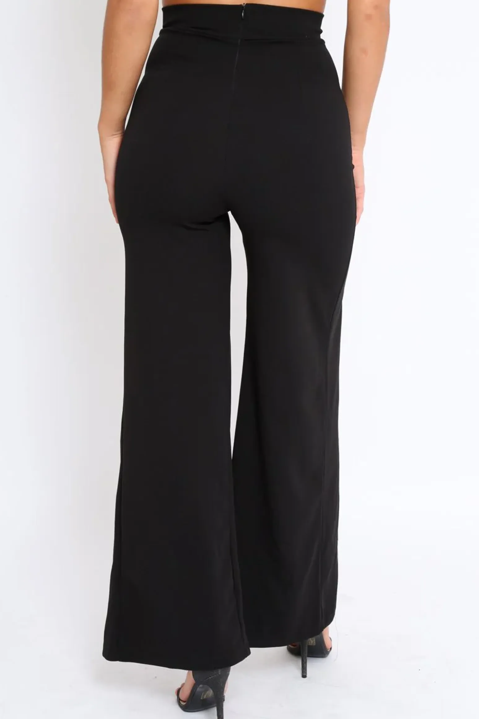 Rebellious Fashion Black High Waist Flare Trousers with Popper detail -Tamy