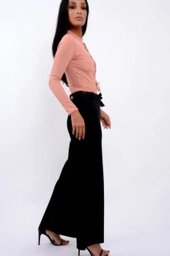 Rebellious Fashion Black High Waist Flare Trousers with Black Sash Belt - Lila