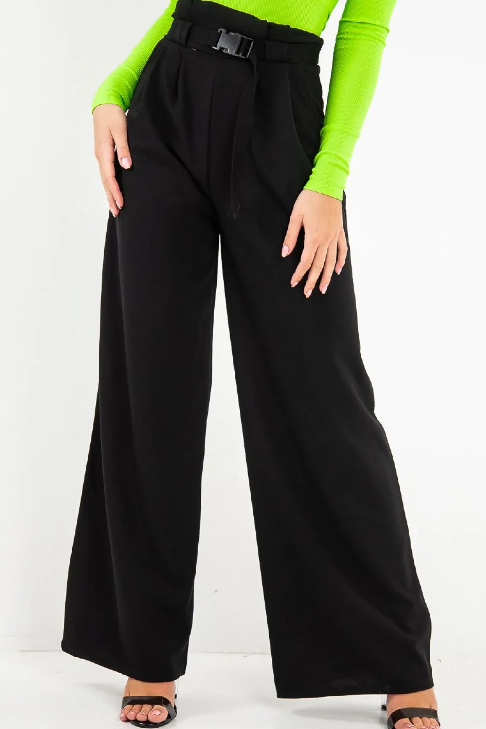 Rebellious Fashion Black High Waist Paper Bag Buckle Belt Trousers - Ivyonna