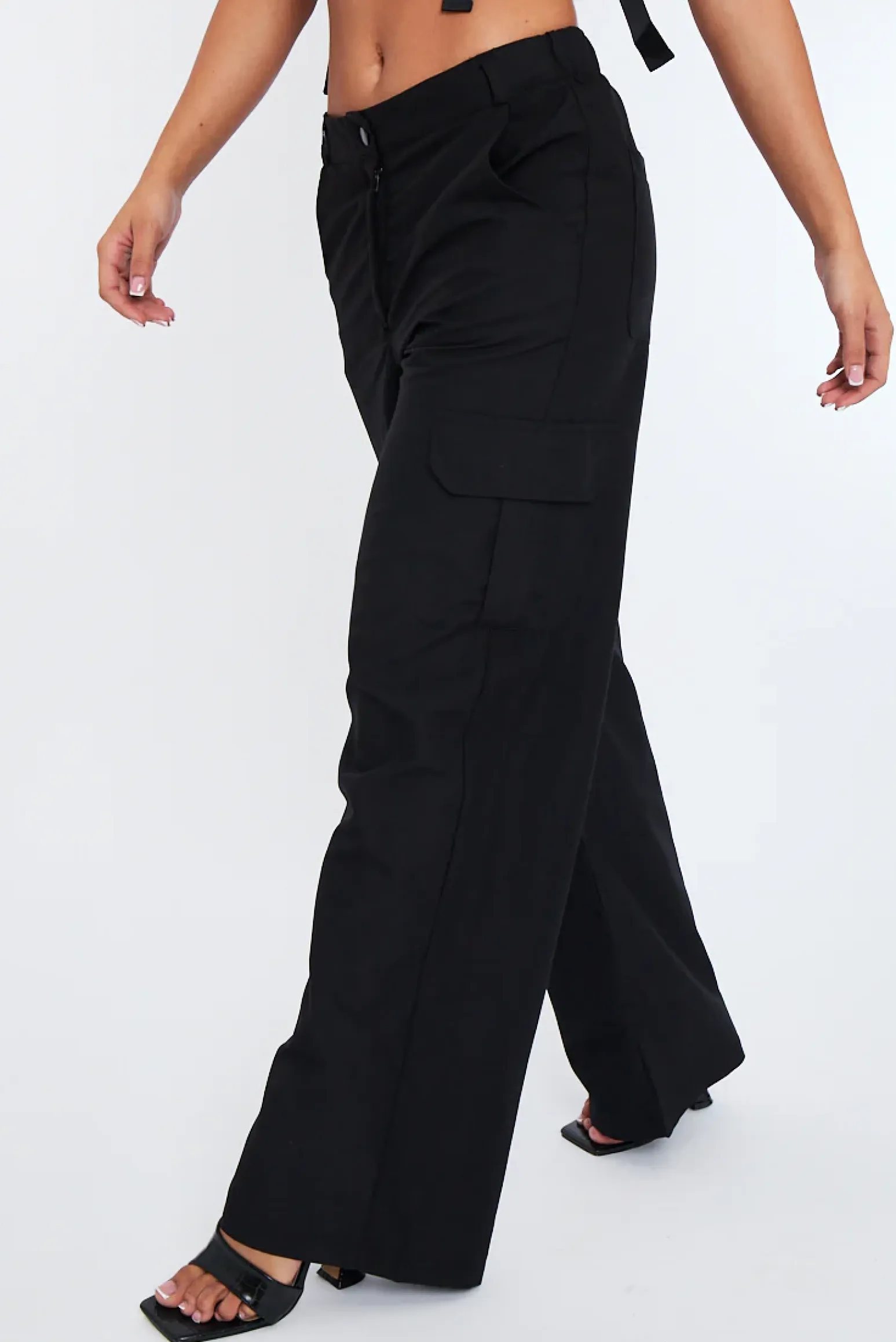 Rebellious Fashion Black High Waist Pocket Cargo Trousers - Raine
