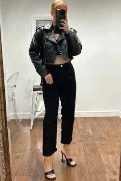 Rebellious Fashion Black High Waist Turn Up Hem Wide Leg Jeans - Bianka