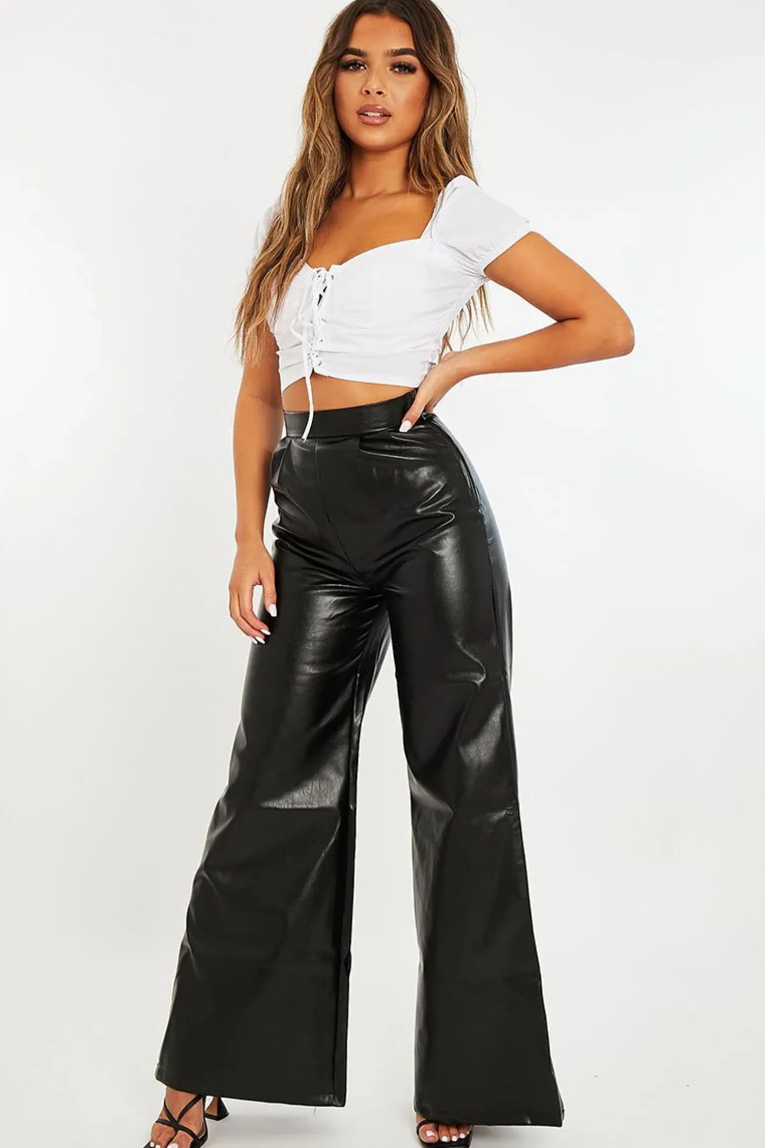 Rebellious Fashion Black High Waist Wide Leg Faux Leather Trousers - Hanika
