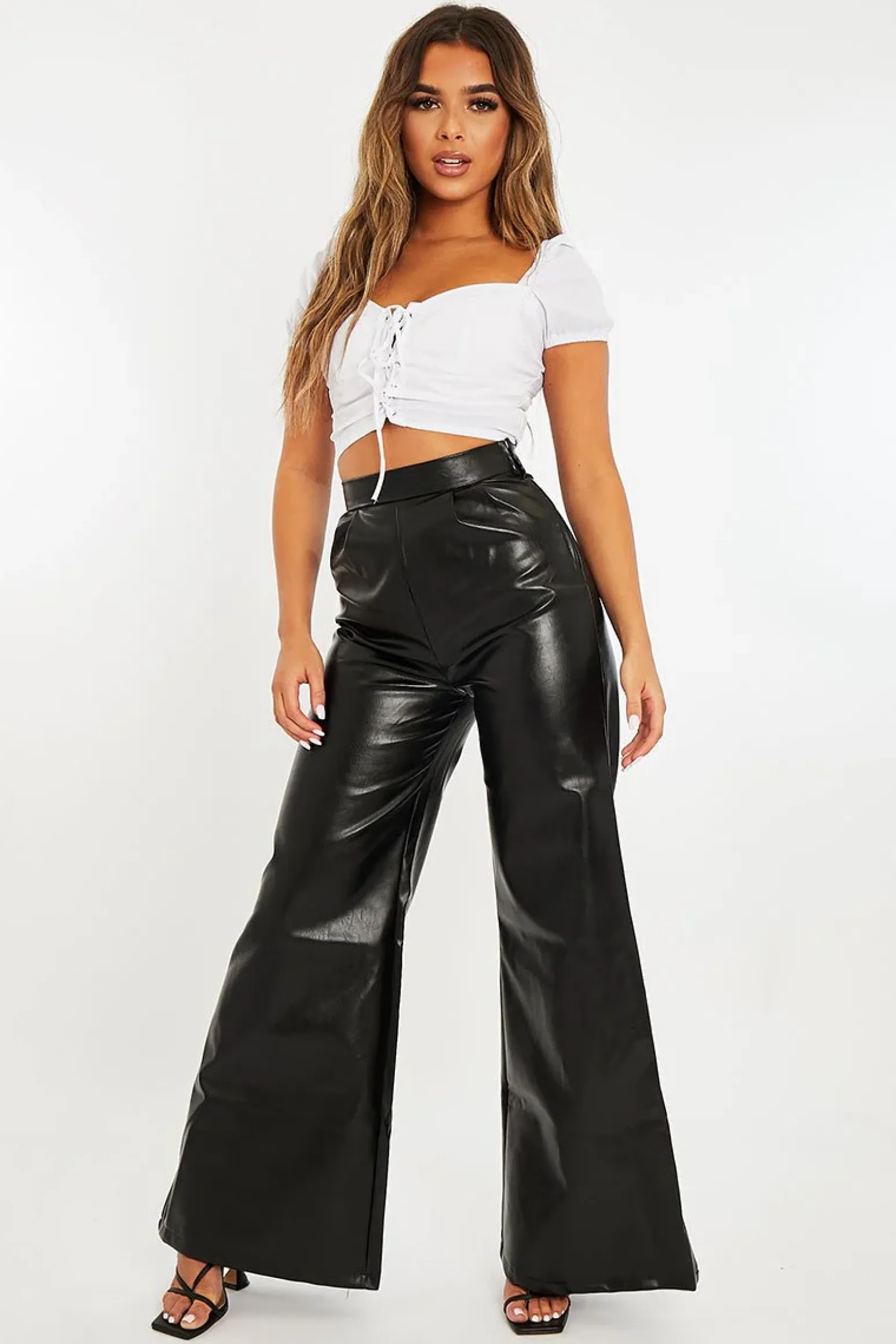 Rebellious Fashion Black High Waist Wide Leg Faux Leather Trousers - Hanika