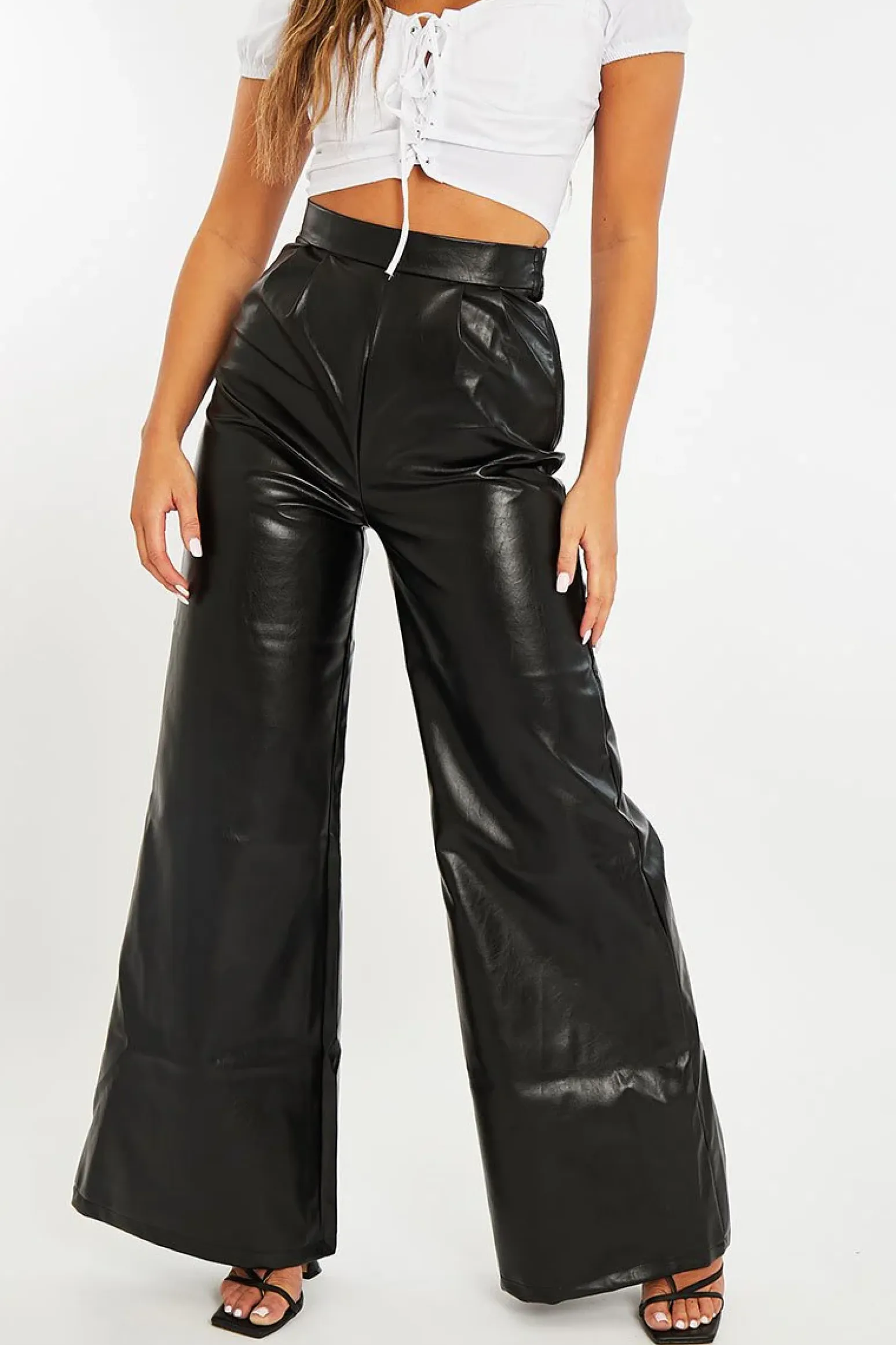 Rebellious Fashion Black High Waist Wide Leg Faux Leather Trousers - Hanika
