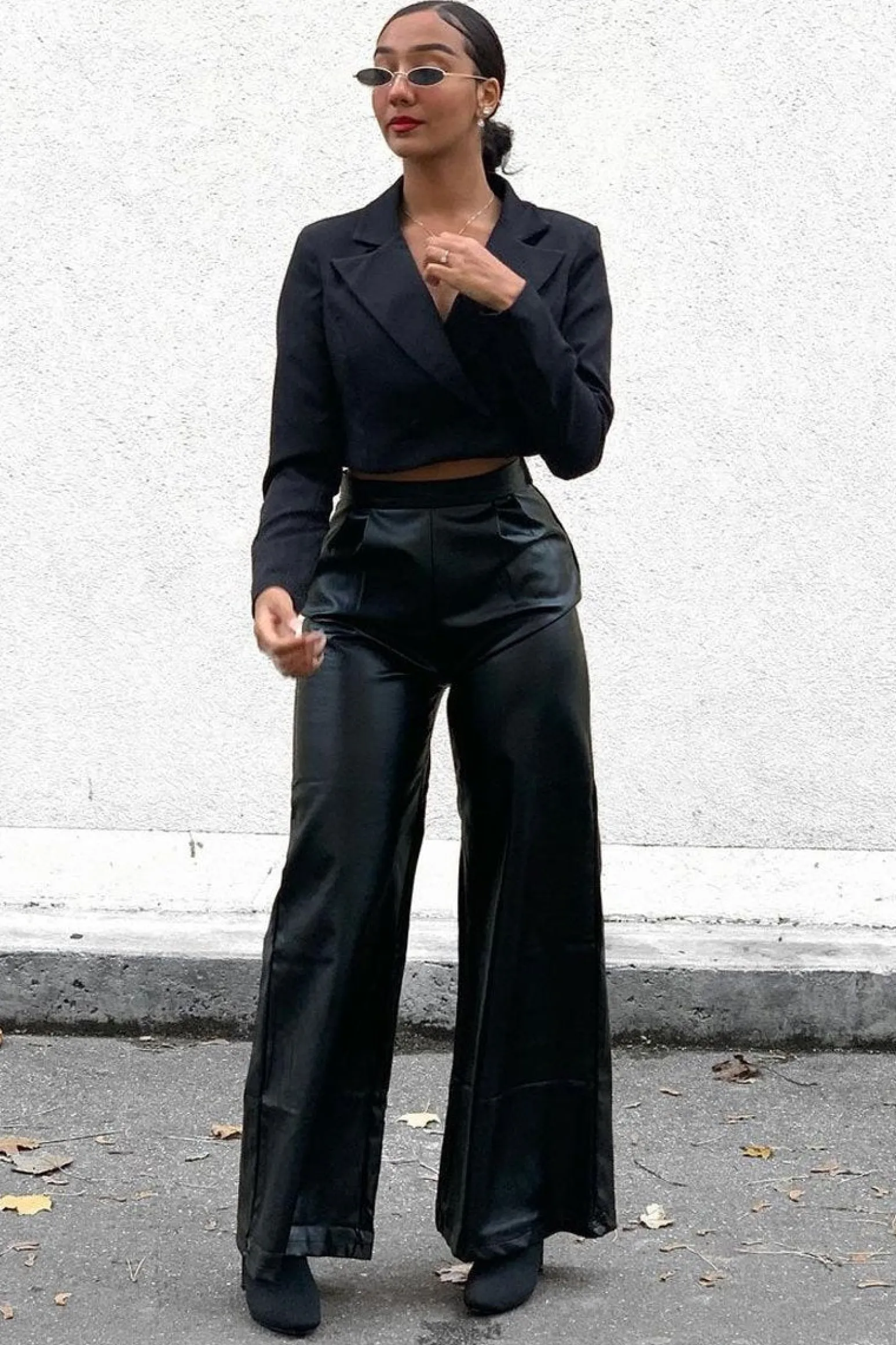 Rebellious Fashion Black High Waist Wide Leg Faux Leather Trousers - Hanika