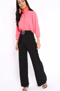 Rebellious Fashion Black High Waist Wide Leg Trousers with Buckle - Monico
