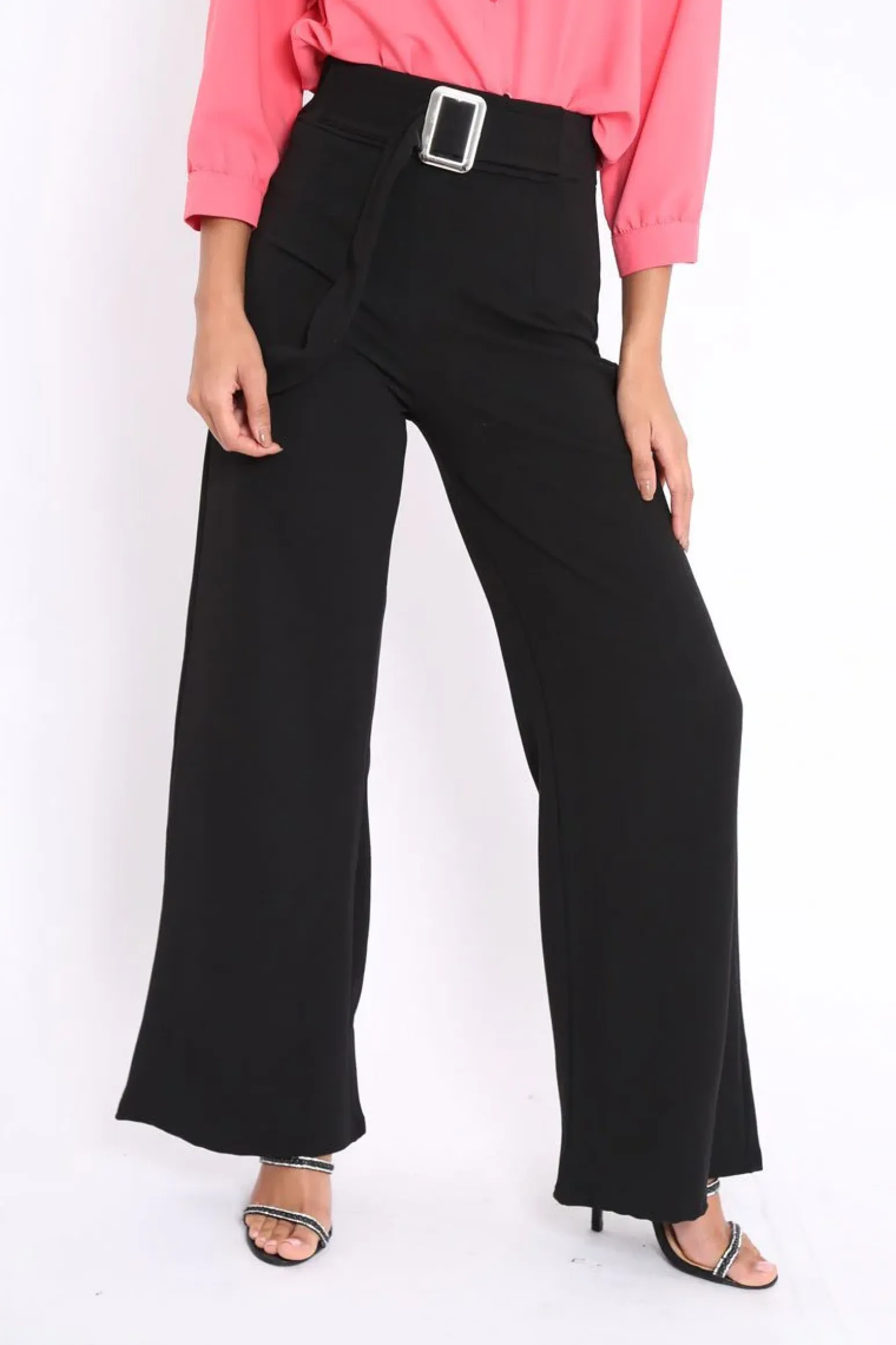 Rebellious Fashion Black High Waist Wide Leg Trousers with Buckle - Monico