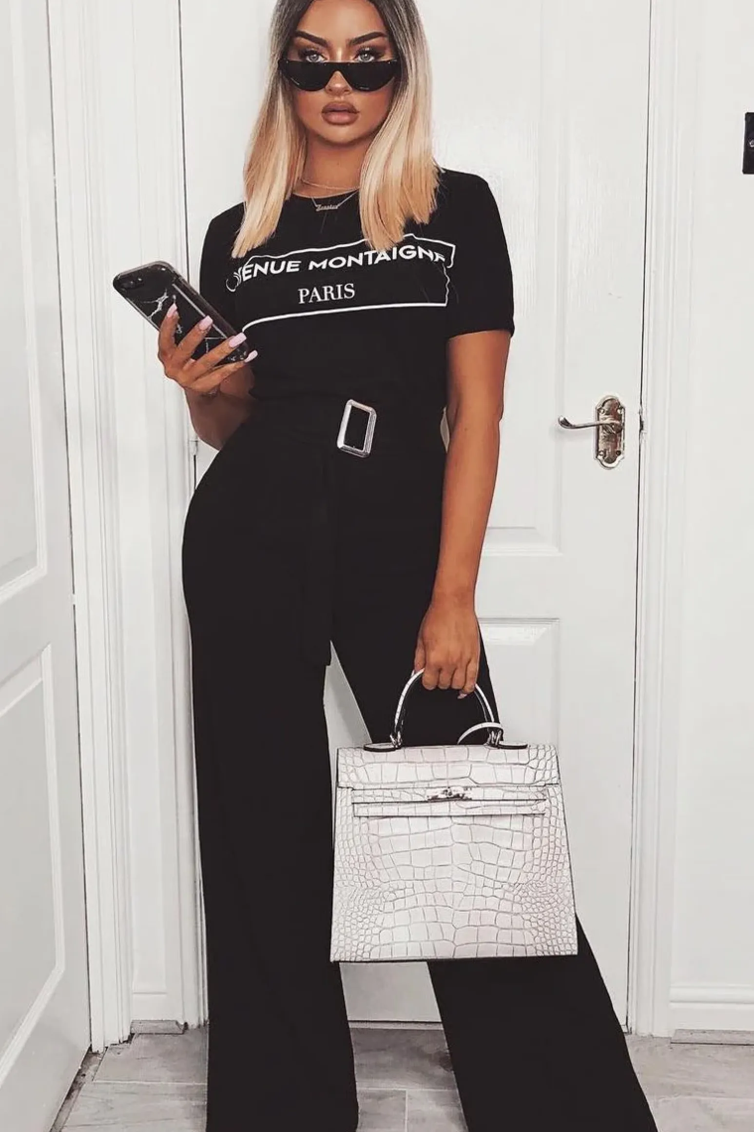 Rebellious Fashion Black High Waist Wide Leg Trousers with Buckle - Monico