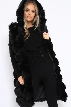 Rebellious Fashion Black Hooded Faux Fur Gilet - Jadie