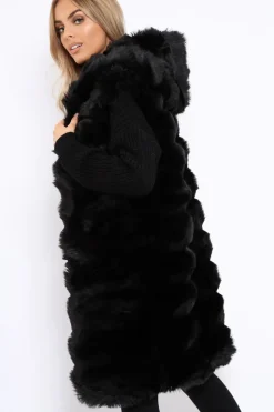 Rebellious Fashion Black Hooded Faux Fur Gilet - Jadie