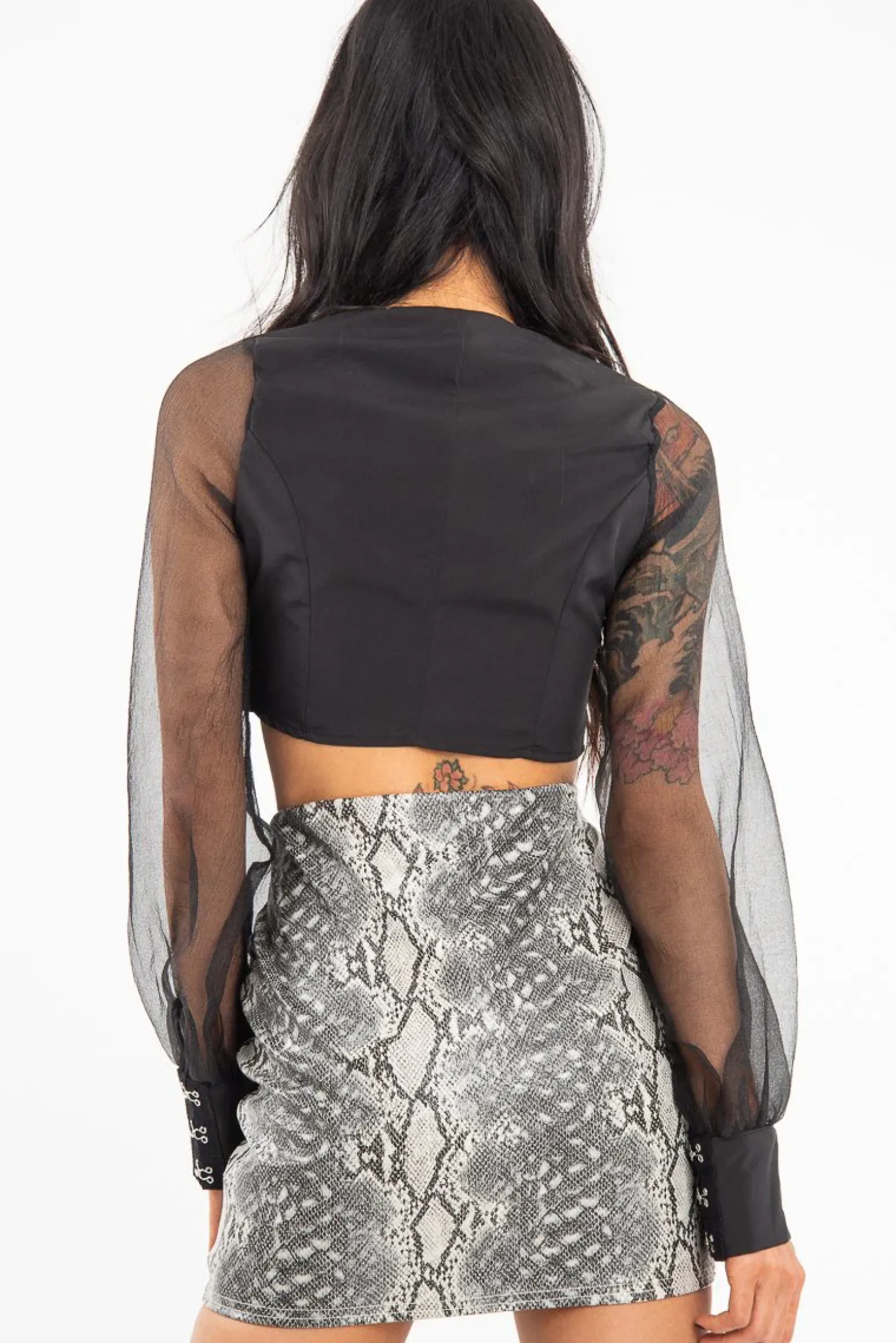 Rebellious Fashion Black Hook And Eye Mesh Sleeve Crop Top - Raylen