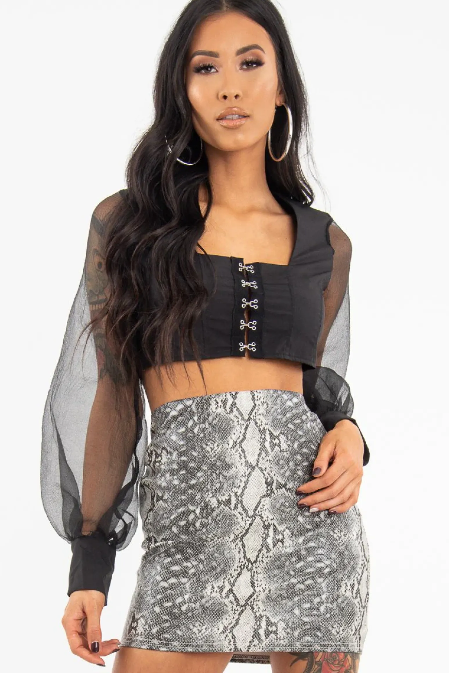 Rebellious Fashion Black Hook And Eye Mesh Sleeve Crop Top - Raylen