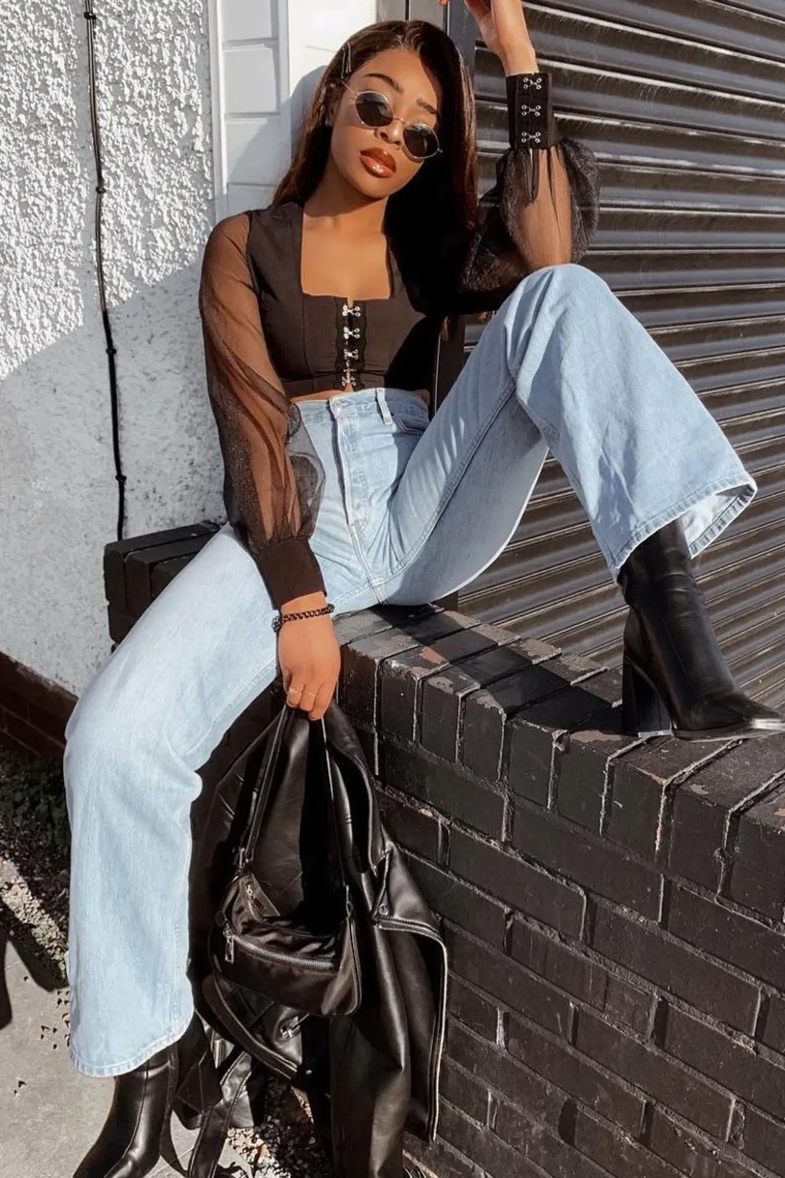 Rebellious Fashion Black Hook And Eye Mesh Sleeve Crop Top - Raylen