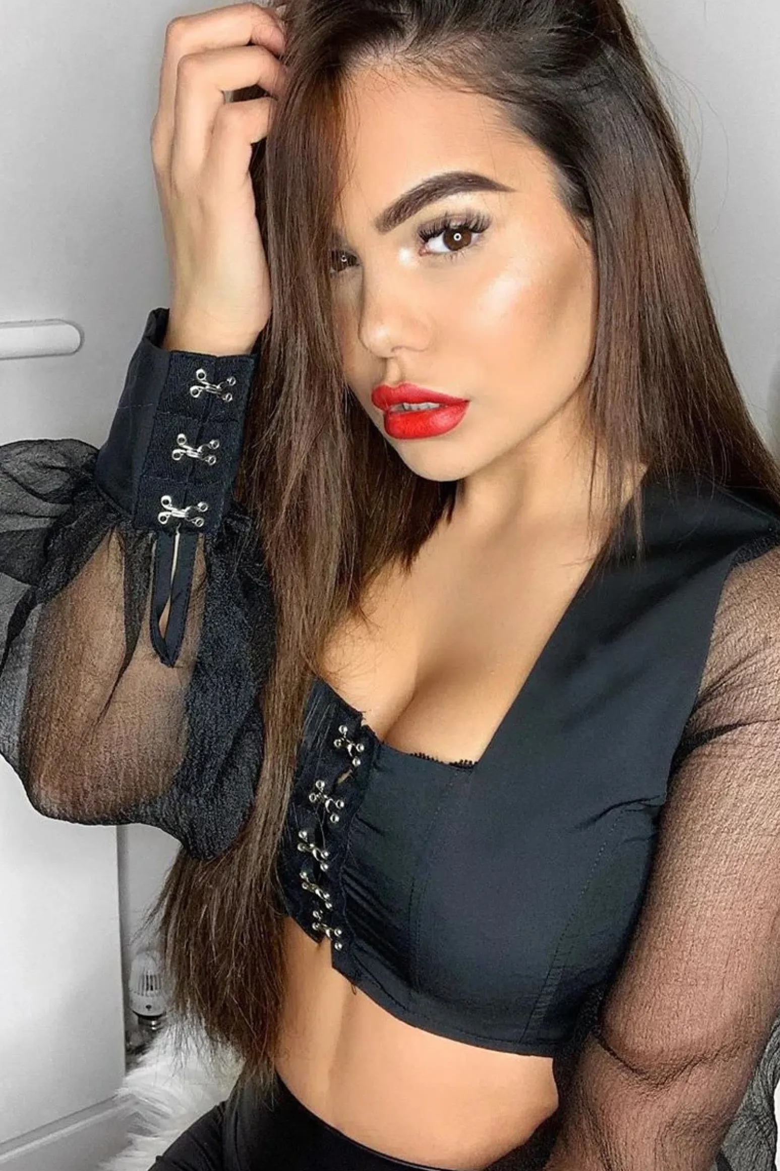 Rebellious Fashion Black Hook And Eye Mesh Sleeve Crop Top - Raylen
